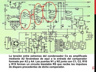 La tensión entre extremos del condensador Cx es amplificada
mediante A2 llevándose de aquí a la entrada del comparador
formado por A3 y A4. Las puertas N1 y N2 junto con C1, C2, R18
y R19 forman un circuito biestable RS que recibe los impulsos
de disparo procedentes de dicho comparador.
11
 