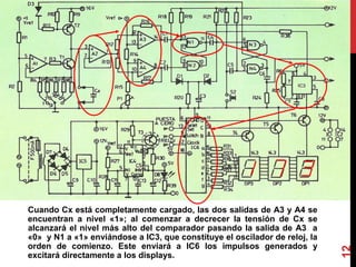Cuando Cx está completamente cargado, las dos salidas de A3 y A4 se
encuentran a nivel «1»; al comenzar a decrecer la tensión de Cx se
alcanzará el nivel más alto del comparador pasando la salida de A3 a
«0» y N1 a «1» enviándose a IC3, que constituye el oscilador de reloj, la
orden de comienzo. Este enviará a IC6 los impulsos generados y
excitará directamente a los displays.
12
 