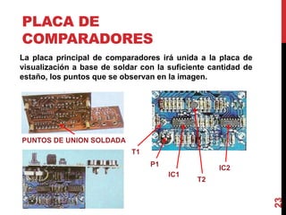 PLACA DE
COMPARADORES
La placa principal de comparadores irá unida a la placa de
visualización a base de soldar con la suficiente cantidad de
estaño, los puntos que se observan en la imagen.
23
IC1
IC2
P1
PUNTOS DE UNION SOLDADA
T1
T2
 