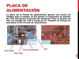 PLACA DE
ALIMENTACIÓN
La placa de la fuente de alimentación genera una series de
voltajes para el equipo: el IC5 genera la regulación de tensión
de +12V. IC4 genera la tensión de referencia +Vref, la tensión de
+5V y la tensión de +16V a través de T3. También se incluye en
esta placa el IC3 circuito de reloj (Clock).
24
T3 con disipador IC4
IC3 Clock
IC5 +12V
 