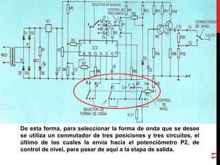 De esta forma, para seleccionar la forma de onda que se desee
se utiliza un conmutador de tres posiciones y tres circuitos, el
último de los cuales la envía hacia el potenciómetro P2, de
control de nivel, para pasar de aquí a la etapa de salida.
11
 