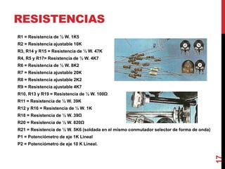 RESISTENCIAS
R1 = Resistencia de ½ W. 1K5
R2 = Resistencia ajustable 10K
R3, R14 y R15 = Resistencia de ½ W. 47K
R4, R5 y R17= Resistencia de ½ W. 4K7
R6 = Resistencia de ½ W. 8K2
R7 = Resistencia ajustable 20K
R8 = Resistencia ajustable 2K2
R9 = Resistencia ajustable 4K7
R10, R13 y R19 = Resistencia de ½ W. 100Ω
R11 = Resistencia de ½ W. 39K
R12 y R16 = Resistencia de ½ W. 1K
R18 = Resistencia de ½ W. 39Ω
R20 = Resistencia de ½ W. 820Ω
R21 = Resistencia de ½ W. 5K6 (soldada en el mismo conmutador selector de forma de onda)
P1 = Potenciómetro de eje 1K Lineal
P2 = Potenciómetro de eje 10 K Lineal.
17
 