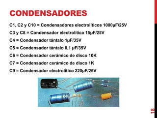 CONDENSADORES
C1, C2 y C10 = Condensadores electrolíticos 1000µF/25V
C3 y C8 = Condensador electrolítico 15µF/25V
C4 = Condensador tántalo 1µF/35V
C5 = Condensador tántalo 0,1 µF/35V
C6 = Condensador cerámico de disco 10K
C7 = Condensador cerámico de disco 1K
C9 = Condensador electrolítico 220µF/25V
18
 