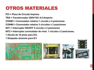 OTROS MATERIALES
PCI = Placa de Circuito Impreso
TRA = Transformador 220V/15V. 0,5 Amperio.
CONM1 = Conmutador rotativo 1 circuito x 4 posiciones
CONM2 = Conmutador rotativo 3 circuitos x 3 posiciones
INT1 = Interruptor ON/OFF 2 circuito x 2 posiciones
INT2 = Interruptor conmutador de nivel. 1 circuito x 2 posiciones.
1 Zócalo de 16 pines para IC2.
1 Disipador aluminio para IC1
20
 