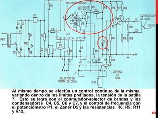 Al mismo tiempo se efectúa un control continuo de la misma,
variando dentro de los limites prefijados, la tensión de la patilla
7. Esto se logra con el conmutador-selector de bandas y los
condensadores C4, C5, C6 y C7, y el control de frecuencia con
el potenciómetro P1, el Zener D5 y las resistencias R6, R9, R11
y R12.
9
 