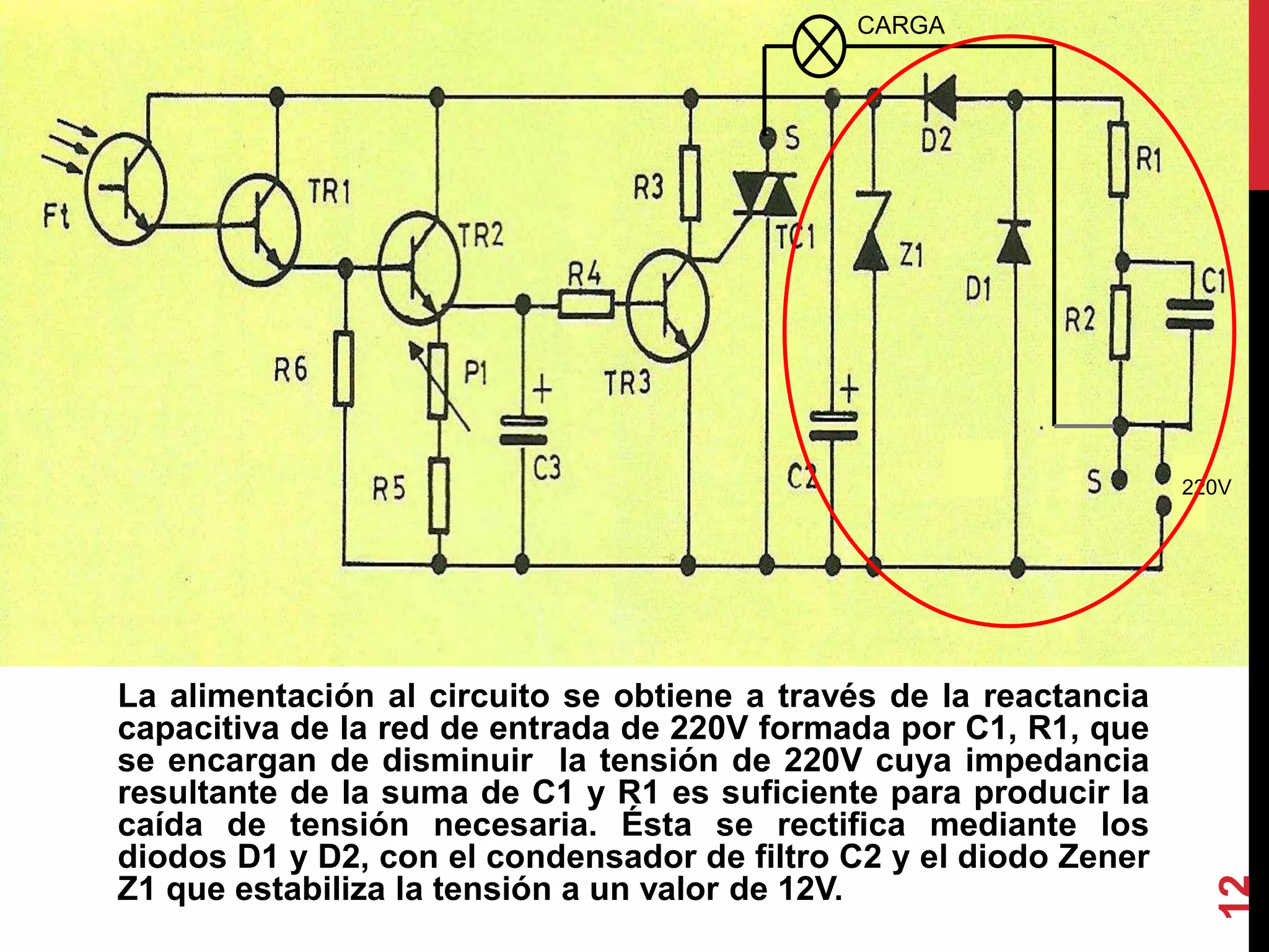 La alimentación al circuito se obtiene a través de la reactancia
capacitiva de la red de entrada de 220V formada por C1, R1, que
se encargan de disminuir la tensión de 220V cuya impedancia
resultante de la suma de C1 y R1 es suficiente para producir la
caída de tensión necesaria. Ésta se rectifica mediante los
diodos D1 y D2, con el condensador de filtro C2 y el diodo Zener
Z1 que estabiliza la tensión a un valor de 12V.
12
CARGA
220V
 