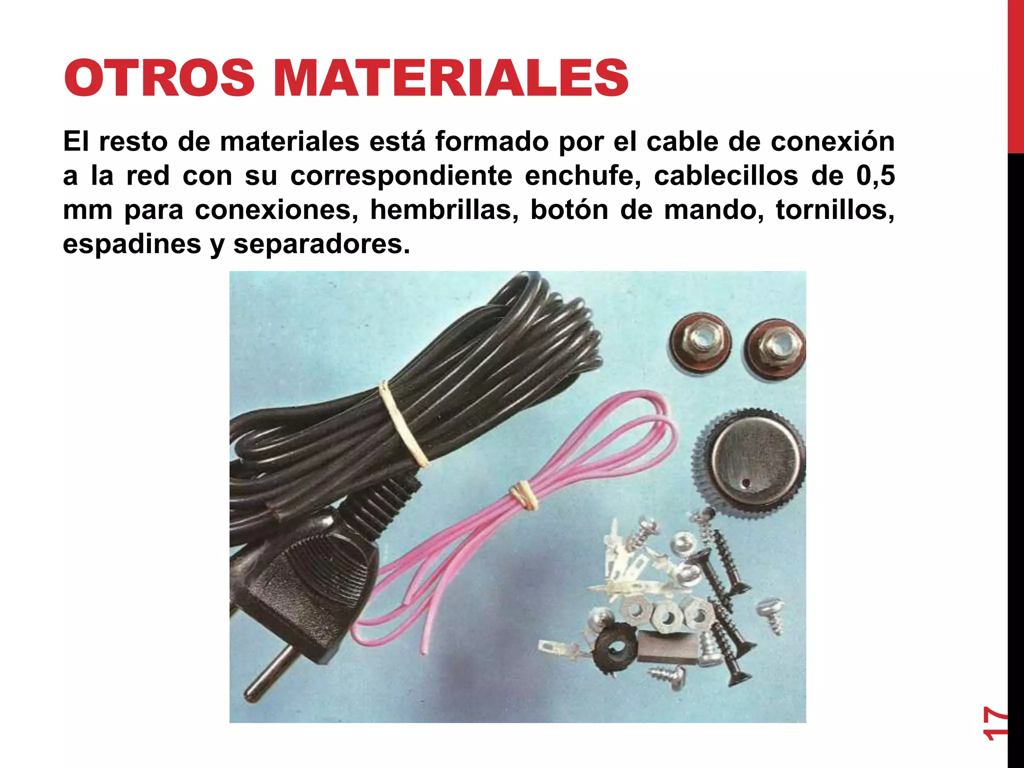 OTROS MATERIALES
El resto de materiales está formado por el cable de conexión
a la red con su correspondiente enchufe, cablecillos de 0,5
mm para conexiones, hembrillas, botón de mando, tornillos,
espadines y separadores.
17
 