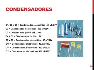 CONDENSADORES
C1, C6 y C8 = Condensador electrolítico 4,7 µF/64V
C2 = Condensador electrolítico 400 µF/25V
C3 = Condensador placo 39K/250V
C4 y C5 = Condensador de disco 2K2
C7 y C9 = Condensador electrolítico 47 µF/64V
C10 = Condensador electrolítico 12,5 µF/25V
C11 = Condensador electrolítico 320 µF/6,4V
C12 = Condensador electrolítico 160 µF/40V
11
 