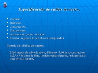 Especificación de cables de acero.
Especificación de cables de acero.
 Cantidad
Cantidad
 Diámetro.
Diámetro.
 Construcción.
Construcción.
 Tipo de alma.
Tipo de alma.
 Acabamiento (negro, zincado.)
Acabamiento (negro, zincado.)
 Torsión ( regular a la derecha o a la izquierda.)
Torsión ( regular a la derecha o a la izquierda.)
Ejemplo de solicitud de compra:
Ejemplo de solicitud de compra:
2.000 metros de cable de acero, diámetro 13.00 mm, construcción
2.000 metros de cable de acero, diámetro 13.00 mm, construcción
6x25 AF W alma de fibra, torsión regular derecha, resistencia a la
6x25 AF W alma de fibra, torsión regular derecha, resistencia a la
tracción 180 kg/mm2.
tracción 180 kg/mm2.
 