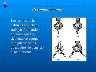 Recomendaciones
Recomendaciones
Los cables de las
Los cables de las
eslingas no deben
eslingas no deben
trabajar formando
trabajar formando
ángulos agudos,
ángulos agudos,
debiéndose equipar
debiéndose equipar
con guardacabos
con guardacabos
adecuados de acuerdo
adecuados de acuerdo
a su diámetro.
a su diámetro.
 