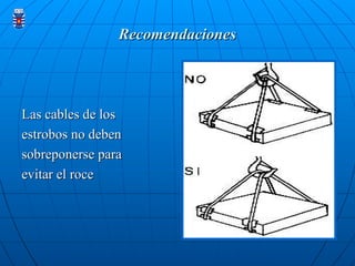 Recomendaciones
Recomendaciones
Las cables de los
Las cables de los
estrobos no deben
estrobos no deben
sobreponerse para
sobreponerse para
evitar el roce
evitar el roce
 