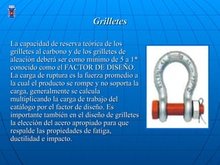 Grilletes
Grilletes
La capacidad de reserva teórica de los
La capacidad de reserva teórica de los
grilletes al carbono y de los grilletes de
grilletes al carbono y de los grilletes de
aleación deberá ser como mínimo de 5 a 1*
aleación deberá ser como mínimo de 5 a 1*
conocido como el FACTOR DE DISEÑO.
conocido como el FACTOR DE DISEÑO.
La carga de ruptura es la fuerza promedio a
La carga de ruptura es la fuerza promedio a
la cual el producto se rompe y no soporta la
la cual el producto se rompe y no soporta la
carga, generalmente se calcula
carga, generalmente se calcula
multiplicando la carga de trabajo del
multiplicando la carga de trabajo del
catálogo por el factor de diseño. Es
catálogo por el factor de diseño. Es
importante también en el diseño de grilletes
importante también en el diseño de grilletes
la elección del acero apropiado para que
la elección del acero apropiado para que
respalde las propiedades de fatiga,
respalde las propiedades de fatiga,
ductilidad e impacto.
ductilidad e impacto.
 