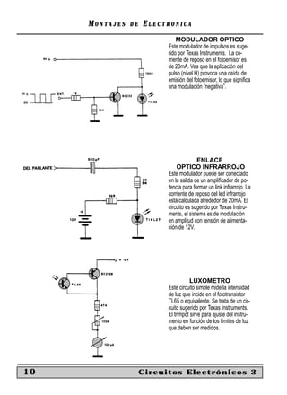 MONTAJES   DE   ELECTRONICA
                               MODULADOR OPTICO
                           Este modulador de impulsos es suge-
                           rido por Texas Instruments. La co-
                           rriente de reposo en el fotoemisor es
                           de 23mA. Vea que la aplicación del
                           pulso (nivel H) provoca una caída de
                           emisión del fotoemisor, lo que signiﬁca
                           una modulación “negativa”.




                                         ENLACE
                               OPTICO INFRARROJO
                           Este modulador puede ser conectado
                           en la salida de un ampliﬁcador de po-
                           tencia para formar un link infrarrojo. La
                           corriente de reposo del led infrarrojo
                           está calculada alrededor de 20mA. El
                           circuito es sugerido por Texas Instru-
                           ments, el sistema es de modulación
                           en amplitud con tensión de alimenta-
                           ción de 12V.




                                      LUXOMETRO
                           Este circuito simple mide la intensidad
                           de luz que incide en el fototransistor
                           TL65 o equivalente. Se trata de un cir-
                           cuito sugerido por Texas Instruments.
                           El trimpot sirve para ajuste del instru-
                           mento en función de los límites de luz
                           que deben ser medidos.




10                   Circuitos Electrónicos 3
 