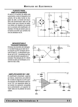 MONTAJES      DE   ELECTRONICA
          FUENTE PARA
       AMPLIFICADORES
 Al cerrar S1 la tensión de salida sube
 suavemente y evita el chasquido en el
 parlante. Q3 se debe montar en disi-
 pador de calor. La tensión del secun-
 dario del transformador debe ser del
 mismo orden que la tensión de salida.
 Los diodos son elegidos de acuerdo
 con la corriente del amplificador ali-
 mentado. El límite de tensión para es-
 ta fuente es de 80V con corriente má-
 xima de alrededor de 2A.




          MONOESTABLE
       TRANSISTORIZADO
 El tiempo de encendido de la lámpara
 L1 es determinado por el valor de C1
 en conjunto con R3. El disparo del cir-
 cuito lo hace S1. La alimentación pue-
 de ser de 6 a 9V , recuérdese que hay
 una caída de tensión pequeña en el
 transistor. Para lámpara de 3V x 50mA
 conecte en serie con la lámpara un re-
 sistor de 33Ω ó 39Ω.




   AMPLIFICADOR DE 1,8W
 El amplificador presentado, sugerido
 por Sanyo, proporciona una potencia
 de 1,8 watt en carga de 3,2 ohm cuan-
 do la tensión de alimentación está fue-
 ra de 7,5V. Los capacitores deben te-
 ner tensión de operación compatible
 con la alimentación y el capacitor de
 150nF debe ser de poliéster de buena
 calidad.




Circuitos Electrónicos 3                                      11
 