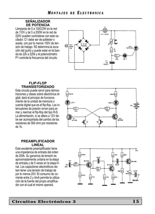 MONTAJES       DE   ELECTRONICA
           SEÑALIZADOR
           DE POTENCIA
 Lámparas de 5 a 100COW en la red
 de 110V y de 5 a 200W en la red de
 220V pueden controlarse con este os-
 cilador. C1 debe ser de poliéster o
 aceite, con por lo menos 100V de ten-
 sión de trabajo. R2 determina la dura-
 ción del guiño y puede estar en la ban-
 da de 22k a 220k y el potenciómetro
 P1 controla la frecuencia del circuito.




              FLIP-FLOP
        TRANSISTORIZADO
 Este circuito puede servir para demos-
 traciones y clases sobre electrónica di-
 gital, dará el principio de funciona-
 miento de la unidad de memoria o
 cuenta digital que es el ﬂip-ﬂop. Los in-
 terruptores de presión sirven para ar-
 mar y rearmar el ﬂip-ﬂop del tipo R-S.
 La alimentación, si se altera a 12V de-
 be ser acompañada del cambio de los
 resistores de 560 ohm por resistores
 de 1k.



       PREAMPLIFICADOR
                LINEAL
 Este excelente preampliﬁcador tiene
 una impedancia de entrada del orden
 de 200k. Su ganancia de tensión es
 aproximadamente unitaria en la etapa
 de entrada y de 5 veces en la etapa ﬁ-
 nal. Los capacitores electrolíticos de-
 ben tener una tensión de trabajo de
 por lo menos 25V. El consumo de co-
 rriente entre 2 y 4mA permite la utiliza-
 ción de la fuente del propio ampliﬁca-
 dor con el cual el mismo operará.



Circuitos Electrónicos 3                                        15
 