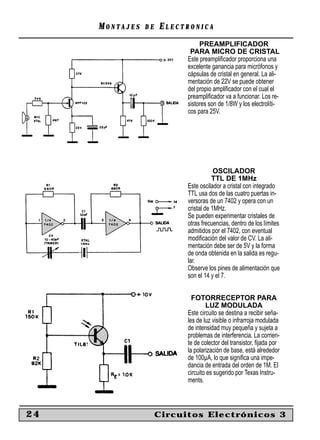 MONTAJES   DE   ELECTRONICA
                                PREAMPLIFICADOR
                            PARA MICRO DE CRISTAL
                           Este preampliﬁcador proporciona una
                           excelente ganancia para micrófonos y
                           cápsulas de cristal en general. La ali-
                           mentación de 22V se puede obtener
                           del propio ampliﬁcador con el cual el
                           preampliﬁcador va a funcionar. Los re-
                           sistores son de 1/8W y los electrolíti-
                           cos para 25V.




                                       OSCILADOR
                                      TTL DE 1MHz
                           Este oscilador a cristal con integrado
                           TTL usa dos de las cuatro puertas in-
                           versoras de un 7402 y opera con un
                           cristal de 1MHz.
                           Se pueden experimentar cristales de
                           otras frecuencias, dentro de los límites
                           admitidos por el 7402, con eventual
                           modiﬁcación del valor de CV. La ali-
                           mentación debe ser de 5V y la forma
                           de onda obtenida en la salida es regu-
                           lar.
                           Observe los pines de alimentación que
                           son el 14 y el 7.


                             FOTORRECEPTOR PARA
                                   LUZ MODULADA
                           Este circuito se destina a recibir seña-
                           les de luz visible o infrarroja modulada
                           de intensidad muy pequeña y sujeta a
                           problemas de interferencia. La corrien-
                           te de colector del transistor, ﬁjada por
                           la polarización de base, está alrededor
                           de 100µA, lo que signiﬁca una impe-
                           dancia de entrada del orden de 1M. El
                           circuito es sugerido por Texas Instru-
                           ments.



24                   Circuitos Electrónicos 3
 