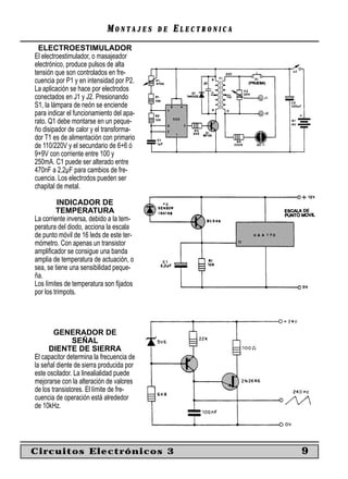 MONTAJES      DE   ELECTRONICA
  ELECTROESTIMULADOR
El electroestimulador, o masajeador
electrónico, produce pulsos de alta
tensión que son controlados en fre-
cuencia por P1 y en intensidad por P2.
La aplicación se hace por electrodos
conectados en J1 y J2. Presionando
S1, la lámpara de neón se enciende
para indicar el funcionamiento del apa-
rato. Q1 debe montarse en un peque-
ño disipador de calor y el transforma-
dor T1 es de alimentación con primario
de 110/220V y el secundario de 6+6 ó
9+9V con corriente entre 100 y
250mA. C1 puede ser alterado entre
470nF a 2,2µF para cambios de fre-
cuencia. Los electrodos pueden ser
chapital de metal.

          INDICADOR DE
         TEMPERATURA
La corriente inversa, debido a la tem-
peratura del diodo, acciona la escala
de punto móvil de 16 leds de este ter-
mómetro. Con apenas un transistor
ampliﬁcador se consigue una banda
amplia de temperatura de actuación, o
sea, se tiene una sensibilidad peque-
ña.
Los límites de temperatura son ﬁjados
por los trimpots.




        GENERADOR DE
               SEÑAL
      DIENTE DE SIERRA
El capacitor determina la frecuencia de
la señal diente de sierra producida por
este oscilador. La linealialidad puede
mejorarse con la alteración de valores
de los transistores. El límite de fre-
cuencia de operación está alrededor
de 10kHz.




Circuitos Electrónicos 3                                     9
 