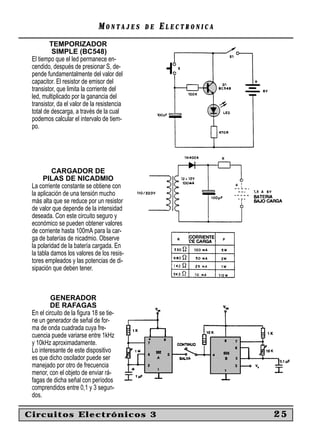 MONTAJES      DE   ELECTRONICA
         TEMPORIZADOR
          SIMPLE (BC548)
 El tiempo que el led permanece en-
 cendido, después de presionar S, de-
 pende fundamentalmente del valor del
 capacitor. El resistor de emisor del
 transistor, que limita la corriente del
 led, multiplicado por la ganancia del
 transistor, da el valor de la resistencia
 total de descarga, a través de la cual
 podemos calcular el intervalo de tiem-
 po.




          CARGADOR DE
      PILAS DE NICADMIO
 La corriente constante se obtiene con
 la aplicación de una tensión mucho
 más alta que se reduce por un resistor
 de valor que depende de la intensidad
 deseada. Con este circuito seguro y
 económico se pueden obtener valores
 de corriente hasta 100mA para la car-
 ga de baterías de nicadmio. Observe
 la polaridad de la batería cargada. En
 la tabla damos los valores de los resis-
 tores empleados y las potencias de di-
 sipación que deben tener.



         GENERADOR
         DE RAFAGAS
 En el circuito de la ﬁgura 18 se tie-
 ne un generador de señal de for-
 ma de onda cuadrada cuya fre-
 cuencia puede variarse entre 1kHz
 y 10kHz aproximadamente.
 Lo interesante de este dispositivo
 es que dicho oscilador puede ser
 manejado por otro de frecuencia
 menor, con el objeto de enviar rá-
 fagas de dicha señal con períodos
 comprendidos entre 0,1 y 3 segun-
 dos.

Circuitos Electrónicos 3                                        25
 
