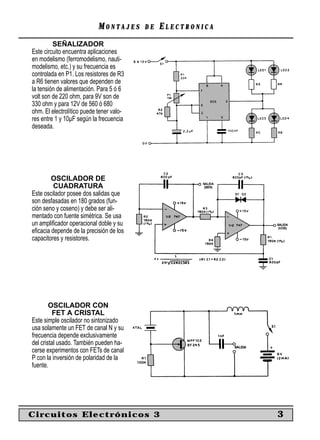 MONTAJES      DE   ELECTRONICA
         SEÑALIZADOR
Este circuito encuentra aplicaciones
en modelismo (ferromodelismo, nauti-
modelismo, etc.) y su frecuencia es
controlada en P1. Los resistores de R3
a R6 tienen valores que dependen de
la tensión de alimentación. Para 5 ó 6
volt son de 220 ohm, para 9V son de
330 ohm y para 12V de 560 ó 680
ohm. El electrolítico puede tener valo-
res entre 1 y 10µF según la frecuencia
deseada.




        OSCILADOR DE
         CUADRATURA
Este oscilador posee dos salidas que
son desfasadas en 180 grados (fun-
ción seno y coseno) y debe ser ali-
mentado con fuente simétrica. Se usa
un ampliﬁcador operacional doble y su
eﬁcacia depende de la precisión de los
capacitores y resistores.




        OSCILADOR CON
         FET A CRISTAL
Este simple oscilador no sintonizado
usa solamente un FET de canal N y su
frecuencia depende exclusivamente
del cristal usado. También pueden ha-
cerse experimentos con FETs de canal
P con la inversión de polaridad de la
fuente.




Circuitos Electrónicos 3                                     3
 