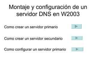 Montaje y configuración de un servidor DNS en W2003 Como crear un servidor primario Como crear un servidor secundario Como configurar un servidor primario 