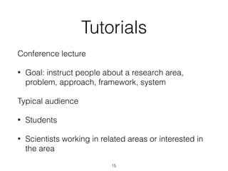 Tutorials
Conference lecture
• Goal: instruct people about a research area,
problem, approach, framework, system
Typical audience
• Students
• Scientists working in related areas or interested in
the area
15
 