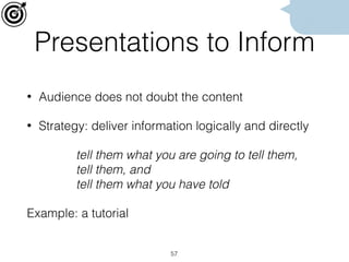 Presentations to Inform
• Audience does not doubt the content
• Strategy: deliver information logically and directly
tell them what you are going to tell them, 
tell them, and 
tell them what you have told
Example: a tutorial
57
 