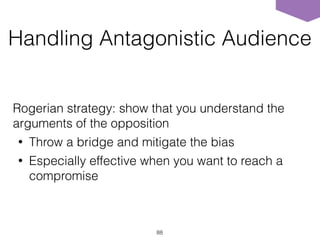 Handling Antagonistic Audience
Rogerian strategy: show that you understand the
arguments of the opposition
• Throw a bridge and mitigate the bias
• Especially effective when you want to reach a
compromise
88
 