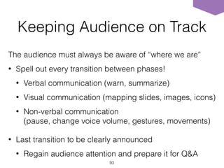 Keeping Audience on Track
The audience must always be aware of “where we are”
• Spell out every transition between phases!
• Verbal communication (warn, summarize)
• Visual communication (mapping slides, images, icons)
• Non-verbal communication  
(pause, change voice volume, gestures, movements)
• Last transition to be clearly announced
• Regain audience attention and prepare it for Q&A
93
 