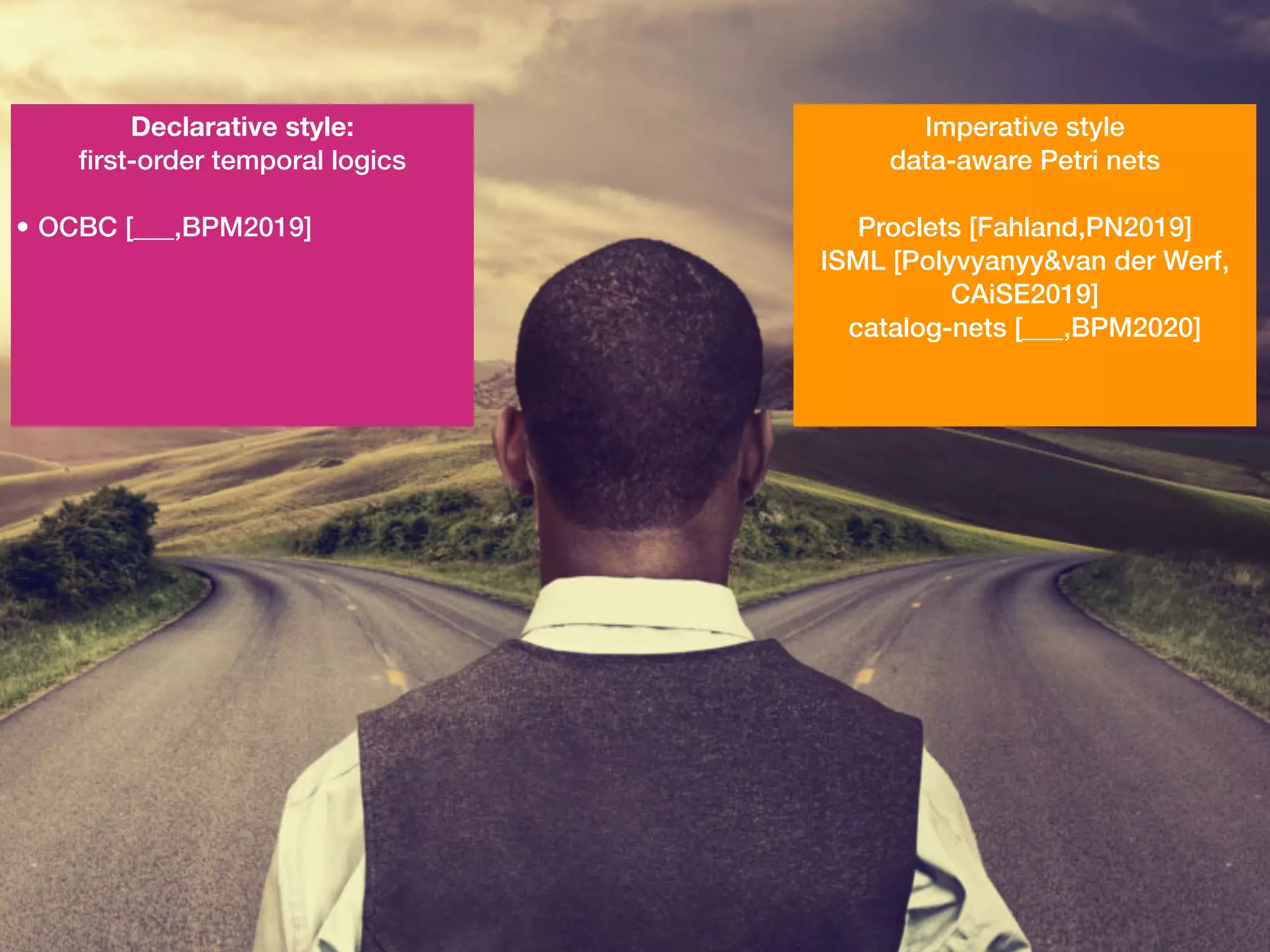 Declarative style:
fi
rst-order temporal logics


• OCBC [___,BPM2019]
Imperative style


data-aware Petri nets


Proclets [Fahland,PN2019]


ISML [Polyvyanyy&van der Werf,
CAiSE2019]


catalog-nets [___,BPM2020]
 