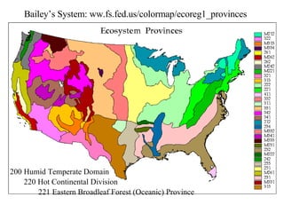 Bailey’s System: ww.fs.fed.us/colormap/ecoreg1_provinces 200 Humid Temperate Domain 220 Hot Continental Division 221 Eastern Broadleaf Forest (Oceanic) Province 