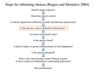 Steps for informing choices (Rogers and Montalvo 2004) Identify project objective Determine project context Is natural regeneration sufficient to render introductions unnecessary? Is the species a state or federally listed species?  Are there seed transfer rules? Is the species clonal? Is there evidence of genetic differentiation or local adaptation? Is the species polyploid? What is the main breeding system? Mating system?  Is there evidence of inbreeding or outbreeding depression? Site considerations 