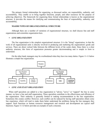 10
The primary formal relationships for organizing, as discussed earlier, are responsibility, authority, and
accountability. They enable us to bring together functions, people, and other resources for the purpose of
achieving objectives. The framework for organizing these formal relationships is known as the organizational
structure. It provides the means for clarifying and communicating the lines of responsibility, authority, and
accountability.
MAJOR TYPES OF ORGANIZATIONAL STRUCTURE
Although there are a number of variations of organizational structure, we shall discuss line and staff
organizations and committee organization here.
• LINE ORGANIZATION
The line organization is the simplest organizational structure. It is the "doing" organization, in that the
work of all organizational units is directly involved in producing and marketing the organization's goods and
services. There are direct vertical links between the different levels of the scalar chain. Since there is a clear
authority structure, this form of organization promotes greater decisionmaking and is simple in form to
understand.
On the other hand, managers may be overburdened when they have too many duties. Figure 11-11 below
illustrates a simple line organization.
• LINE AND STAFF ORGANIZATION
When staff specialists are added to a line organization to "advise; "serve;” or “support" the line in some
manner, we have a line and staff organization. These specialists contribute to the effectiveness and efficiency of
the organization. Their authority is generally limited to making recommendation to the line organization.
Sometimes this creates conflict. However, such conflict can be reduced by having staff specialists obtain some
line experience, which will tend to make them better understand the problems facing the line managers they
support. Such functions as human resources management and research and development are typical staff
functions. Figure 11-12 below provides an example of such a structure.
 
