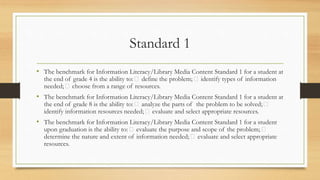 Standard 1
• The benchmark for Information Literacy/Library Media Content Standard 1 for a student at
the end of grade 4 is the ability to: define the problem; identify types of information
needed; choose from a range of resources.
• The benchmark for Information Literacy/Library Media Content Standard 1 for a student at
the end of grade 8 is the ability to: analyze the parts of the problem to be solved;
identify information resources needed; evaluate and select appropriate resources.
• The benchmark for Information Literacy/Library Media Content Standard 1 for a student
upon graduation is the ability to: evaluate the purpose and scope of the problem;
determine the nature and extent of information needed; evaluate and select appropriate
resources.
 