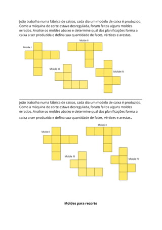 João trabalha numa fábrica de caixas, cada dia um modelo de caixa é produzido.
Como a máquina de corte estava desregulada, foram feitos alguns moldes
errados. Analise os moldes abaixo e determine qual das planificações forma​ ​a
caixa a ser produzida e defina sua quantidade de faces, vértices e arestas.
____________________________________________________________________________________
João trabalha numa fábrica de caixas, cada dia um modelo de caixa é produzido.
Como a máquina de corte estava desregulada, foram feitos alguns moldes
errados. Analise os moldes abaixo e determine qual das planificações forma​ ​a
caixa a ser produzida e defina sua quantidade de faces, vértices e arestas​.
Moldes para recorte
 