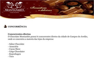 CONCORRÊNCIA


Concorrentes diretos
O Chocolate Montanhês possui 6 concorrentes diretos da cidade de Campos do Jordão,
onde se concentra a maioria das lojas da empresa:

- Sabor Chocolate
- Araucária
- Cacau Show
- Liège Chocolater
- Kopenhagen
- Toco
 