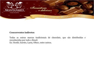 Concorrentes indiretos

Todas as outras marcas tradicionais de chocolate, que são distribuídas e
reconhecidas por todo o Brasil.
Ex: Nestlé, Garoto, Lacta, Ofner, entre outros.
 