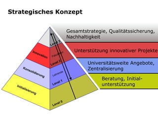 Strategisches Konzept


                Gesamtstrategie, Qualitätssicherung,
                Nachhaltigkeit

                   Unterstützung innovativer Projekte

                        Universitätsweite Angebote,
                        Zentralisierung

                              Beratung, Initial-
                              unterstützung
 
