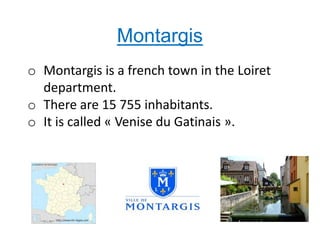 Montargis
o Montargis is a french town in the Loiret
department.
o There are 15 755 inhabitants.
o It is called « Venise du Gatinais ».
 