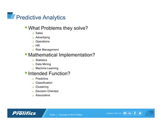 CONNECT WITH US:
Predictive Analytics
§ What Problems they solve?
q  Sales
q  Advertising
q  Operations
q  HR
q  Risk Management
§ Mathematical Implementation?
q  Statistics
q  Data Mining
q  Machine Learning
§ Intended Function?
q  Predictive
q  Classification
q  Clustering
q  Decision Oriented
q  Associative
15Public | Copyright © 2014 Prolifics
 