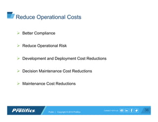 CONNECT WITH US:
Ø  Better Compliance
Ø  Reduce Operational Risk
Ø  Development and Deployment Cost Reductions
Ø  Decision Maintenance Cost Reductions
Ø  Maintenance Cost Reductions
36Public | Copyright © 2014 Prolifics
Reduce Operational Costs
 