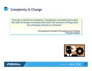 CONNECT WITH US:
Complexity & Change
“Change is linked to complexity. Complexity increases both when
the rate of change increases and when the amount of things that
are changing around us increase.”
Forecasting the Growth of Complexity and Change
- Theodore Modis
59
 