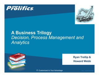 CONNECT WITH US:
IT: Customized to Your Advantage
A Business Trilogy
Decision, Process Management and
Analytics
Ryan Trollip &
Howard Webb
Public | Copyright © 2014 Prolifics
Process
Analytics
 