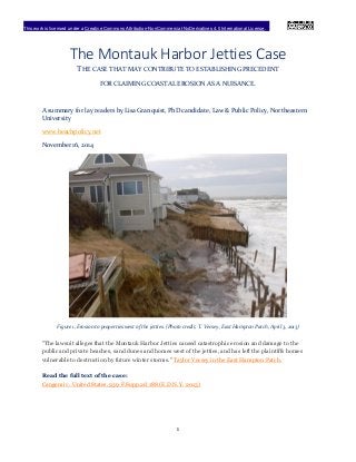 This work is licensed under a Creative Commons Attribution-NonCommercial-NoDerivatives 4.0 International License.
1
The Montauk Harbor Jetties Case
THE CASE THAT MAY CONTRIBUTE TO ESTABLISHING PRECEDENT
FOR CLAIMING COASTAL EROSION AS A NUISANCE.
A summary for lay readers by Lisa Granquist, PhD candidate, Law & Public Policy, Northeastern
University
www.beachpolicy.net
November 16, 2014
Figure 1, Erosion to properties west of the jetties. (Photo credit, T. Vecsey, East Hampton Patch, April 3, 2013)
"The lawsuit alleges that the Montauk Harbor Jetties caused catastrophic erosion and damage to the
public and private beaches, sand dunes and homes west of the jetties, and has left the plaintiffs homes
vulnerable to destruction by future winter storms." Taylor Vecsey in the East Hampton Patch.
Read the full text of the case:
Cangemi v. United States, 939 F.Supp.2d 188 (E.D.N.Y. 2013)
 