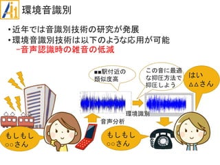 環境音識別
•近年では音識別技術の研究が発展
•環境音識別技術は以下のような応用が可能
-音声認識時の雑音の低減
この音に最適
な抑圧方法で
抑圧しよう
■■駅付近の
類似度高
環境識別
音声分析
はい
△△さん
もしもし
○○さん
もしもし
○○さん
 