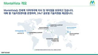 © 2016 MontaVista Software, LLC.– Confidential and Proprietary Information
4 |
MontaVista 개요
MontaVista는 전세계 10여개국에 지사 및 대리점을 보유하고 있습니다.
대륙 별 기술지원센터를 운영하며, 24x7 글로벌 기술지원을 제공합니다.
 