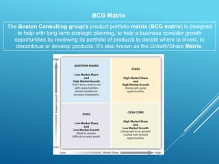 BCG Matrix
The Boston Consulting group's product portfolio matrix (BCG matrix) is designed
to help with long-term strategi...