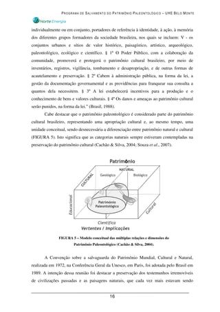 PROGRAMA DE SALVAMENTO DO PATRIMÔNIO PALEONTOLÓGICO – UHE BELO MONTE



individualmente ou em conjunto, portadores de referência à identidade, à ação, à memória
dos diferentes grupos formadores da sociedade brasileira, nos quais se incluem: V - os
conjuntos urbanos e sítios de valor histórico, paisagístico, artístico, arqueológico,
paleontológico, ecológico e científico. § 1º O Poder Público, com a colaboração da
comunidade, promoverá e protegerá o patrimônio cultural brasileiro, por meio de
inventários, registros, vigilância, tombamento e desapropriação, e de outras formas de
acautelamento e preservação. § 2º Cabem à administração pública, na forma da lei, a
gestão da documentação governamental e as providências para franquear sua consulta a
quantos dela necessitem. § 3º A lei estabelecerá incentivos para a produção e o
conhecimento de bens e valores culturais. § 4º Os danos e ameaças ao patrimônio cultural
serão punidos, na forma da lei.” (Brasil, 1988).
       Cabe destacar que o patrimônio paleontológico é considerado parte do patrimônio
cultural brasileiro, representando uma apropriação cultural e, ao mesmo tempo, uma
unidade conceitual, sendo desnecessária a diferenciação entre patrimônio natural e cultural
(FIGURA 5). Isto significa que as categorias naturais sempre estiveram contempladas na
preservação do patrimônio cultural (Cachão & Silva, 2004; Souza et al., 2007).




               FIGURA 5 – Modelo conceitual das múltiplas relações e dimensões do
                        Patrimônio Paleontológico (Cachão & Silva, 2004).


       A Convenção sobre a salvaguarda do Patrimônio Mundial, Cultural e Natural,
realizada em 1972, na Conferência Geral da Unesco, em Paris, foi adotada pelo Brasil em
1989. A intenção dessa reunião foi destacar a preservação dos testemunhos irremovíveis
de civilizações passadas e as paisagens naturais, que cada vez mais estavam sendo


                                             16
 