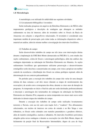 PROGRAMA DE SALVAMENTO DO PATRIMÔNIO PALEONTOLÓGICO – UHE BELO MONTE



1.8 Metodologia


       A metodologia a ser utilizada foi subdividida nas seguintes atividades:
       (1) Levantamento bibliográfico / inventário:
       Serão realizadas pesquisas em arquivos da Eletrobras Eletronorte e da NESA sobre
mapeamentos geológicos e descrições de sondagens que abrangem as unidades
sedimentares na área de interesse; além do inventário sobre os fósseis da Bacia do
Amazonas em coleções e artigos/livros relacionados. O inventário é considerado uma
importante medida de preservação, pois reúne todas as informações disponíveis sobre o
material em análise, além de orientar melhor a investigação dos intervalos fossilíferos.


       (2) Trabalhos de campo:
       Serão desenvolvidos trabalhos de campo nas três áreas com intervenções diretas
durante a implantação da UHE Belo Monte (demarcadas na FIGURA 1), com estudos das
seções sedimentares, coleta de fósseis e amostragem palinológica, além das análises das
sondagens depositadas na subestação da Eletrobras Eletronorte em Altamira. As seções
sedimentares fossilíferas que apresentarem suficiente preservação e desenvolvimento
estratigráfico serão descritas e caracterizadas em campo, com vistas a propiciar um melhor
controle da ocorrência e distribuição dos fósseis na coluna geológica regional, além da
determinação do seu contexto paleoambiental.
       Os períodos para a execução dos trabalhos de campo irão variar de uma duração
mínima de duas semanas a até dois meses (durante as etapas de monitoramento das
escavações), de acordo com o cronograma das obras, durante os cinco anos de duração do
programa. As temporadas no início e final de cada ano serão destinadas preferencialmente
à descrição e amostragem dos testemunhos de sondagens da subestação da Eletrobras
Eletronorte em Altamira (PA), enquanto as outras temporadas nos meses mais secos serão
dedicadas às demais etapas dos trabalhos de campo.
       Durante a execução dos trabalhos de campo serão realizados levantamentos
terrestres e fluviais, com uso de carro com tração 4x4 e “voadeira”. Nos afloramentos
selecionados, em trechos de interesse em cortes de estrada e no Rio Xingu e seus
tributários, os fósseis serão coletados com martelos pneumáticos e geradores elétricos,
além de martelo estratigráfico, marreta e talhadeira. Os intervalos fossilíferos porventura
atingidos pelas novas sondagens e durante as escavações (no sítio Belo Monte, diques de
fechamento da porção final do Reservatório Intermediário, diques da casa de força


                                            20
 