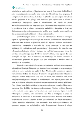 PROGRAMA DE SALVAMENTO DO PATRIMÔNIO PALEONTOLÓGICO – UHE BELO MONTE



principal e na região próxima a Altamira que fará parte do Reservatório do Rio Xingu)
serão sistematicamente amostrados pela equipe de Paleontologia deste programa. O
acompanhamento presencial do paleontólogo coordenador responsável pela execução do
presente programa e do geólogo será necessário para supervisionar e realizar a
caracterização   estratigráfica,   coleta   e   armazenamento       dos   fósseis   ou   pelitos
potencialmente paliníferos que porventura sejam encontrados nestas localidades, segundo
a metodologia descrita abaixo. Amostragem palinológica sistemática e descrições
detalhadas das seções sedimentares expostas também serão efetuadas nessas ocasiões, a
fim de contextualizar o local de onde os fósseis serão retirados.
       A metodologia para coleta de fósseis nos afloramentos e durante as escavações
seguirá as seguintes etapas: (a) localização dos intervalos fossilíferos e/ou potencialmente
paliníferos, após a análise da geometria estratal do depósito, estruturas sedimentares,
granulometria, composição e coloração das rochas associadas às concentrações
fossilíferas; (b) confecção de perfis estratigráficos, e determinação dos intervalos para
coleta paleontológica; (c) seleção / plotagem em perfil de horizontes para coleta das
amostras para palinologia e/ou de blocos macrofossilíferos, com registro das suas
orientações de topo / base e azimutais; (d) identificação do material, transporte e
armazenamento provisório no galpão local para embalagem e posterior envio às
instituições de salvaguarda.
       Quanto à recuperação de fósseis nos testemunhos de sondagem armazenados na
subestação da Eletrobras Eletronorte em Altamira (assim como para as novas sondagens
rotativas a serem realizadas na região de Belo Monte), serão adotados os seguintes
procedimentos: (1) Para fins de coleta de amostras para palinologia serão utilizadas as
sondagens rotativas (SR) locadas nos sítios de maior cota altimétrica, com maior
abrangência estratigráfica e potencial de biozoneamento, tanto aquelas já realizadas nos
sítios Belo Monte e Babaquara como as que ainda serão executadas no sítio Belo Monte.
Caso existam intercalações pelíticas escuras nos arenitos das formações Manacapuru,
Maecuru e Alter do Chão, elas também serão coletadas. Folhelhos e siltitos alterados,
porém contendo restos vegetais visíveis, também podem apresentar algum potencial
palinológico, e portanto, serão amostrados; (2) Para a investigação e coleta de
macrofósseis e icnofósseis os testemunhos selecionados serão fraturados com martelo
estratigráfico e talhadeira, segundo o plano de acamamento, em níveis centimétricos.
Quando localizados macrofósseis e/ou icnofósseis, serão marcados o topo/base nas
amostras, e anotada a sua profundidade, o código da sondagem e a formação de origem.


                                                21
 