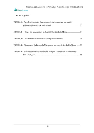 PROGRAMA DE SALVAMENTO DO PATRIMÔNIO PALEONTOLÓGICO – UHE BELO MONTE




Lista de Figuras


FIGURA 1 – Área de abrangência do programa de salvamento do patrimônio
             paleontológico da UHE Belo Monte ............................................................. 02


FIGURA 2 – Fósseis em testemunhos do furo SR-01, sítio Belo Monte ........................... 04


FIGURA 3 – Caixas com testemunhos de sondagem em Altamira .................................. 08


FIGURA 4 – Afloramento da Formação Maecuru na margem direita do Rio Xingu ....... 09


FIGURA 5 – Modelo conceitual das múltiplas relações e dimensões do Patrimônio
             Paleontológico ............................................................................................... 16




                                                           iii
 